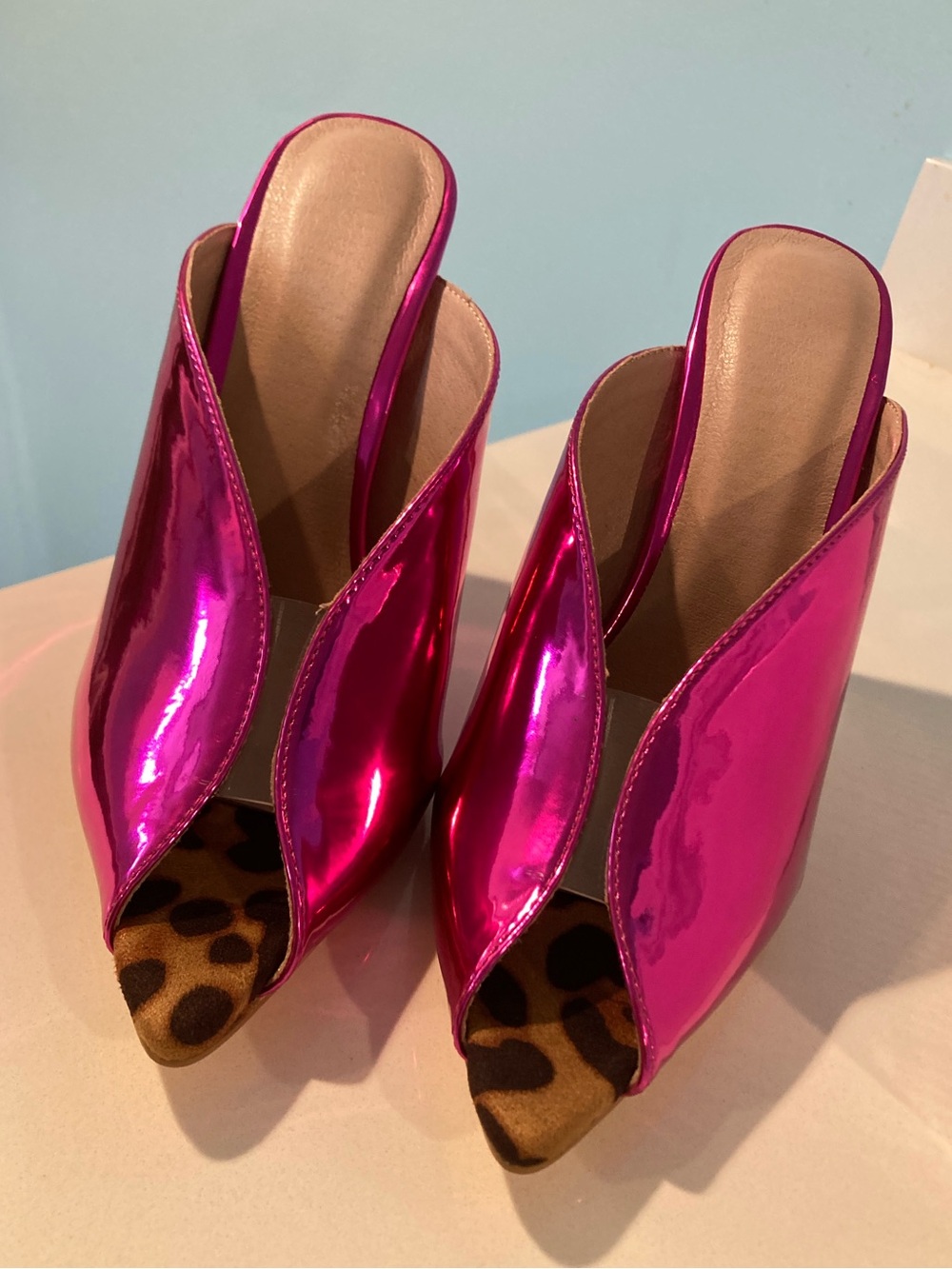 Metallic Fuchsia Open-Toe Mule with Leopard Inset